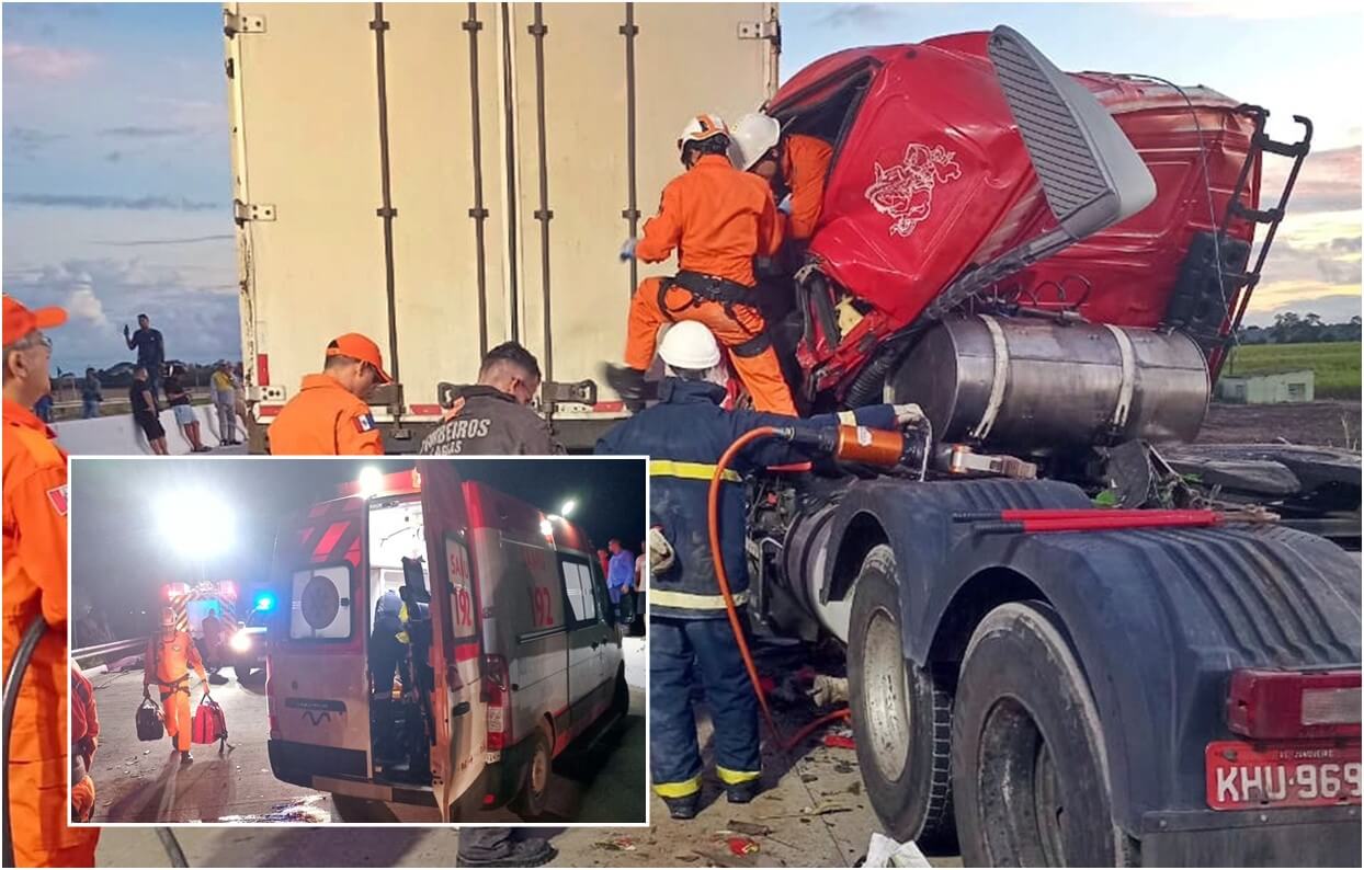 Colisão entre carretas deixa caminhoneiro gravemente ferido na BR-101, em São Miguel dos Campos