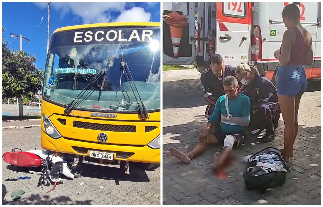 Acidente entre moto e ônibus escolar deixa idoso e mulher feridos em São Miguel dos Campos