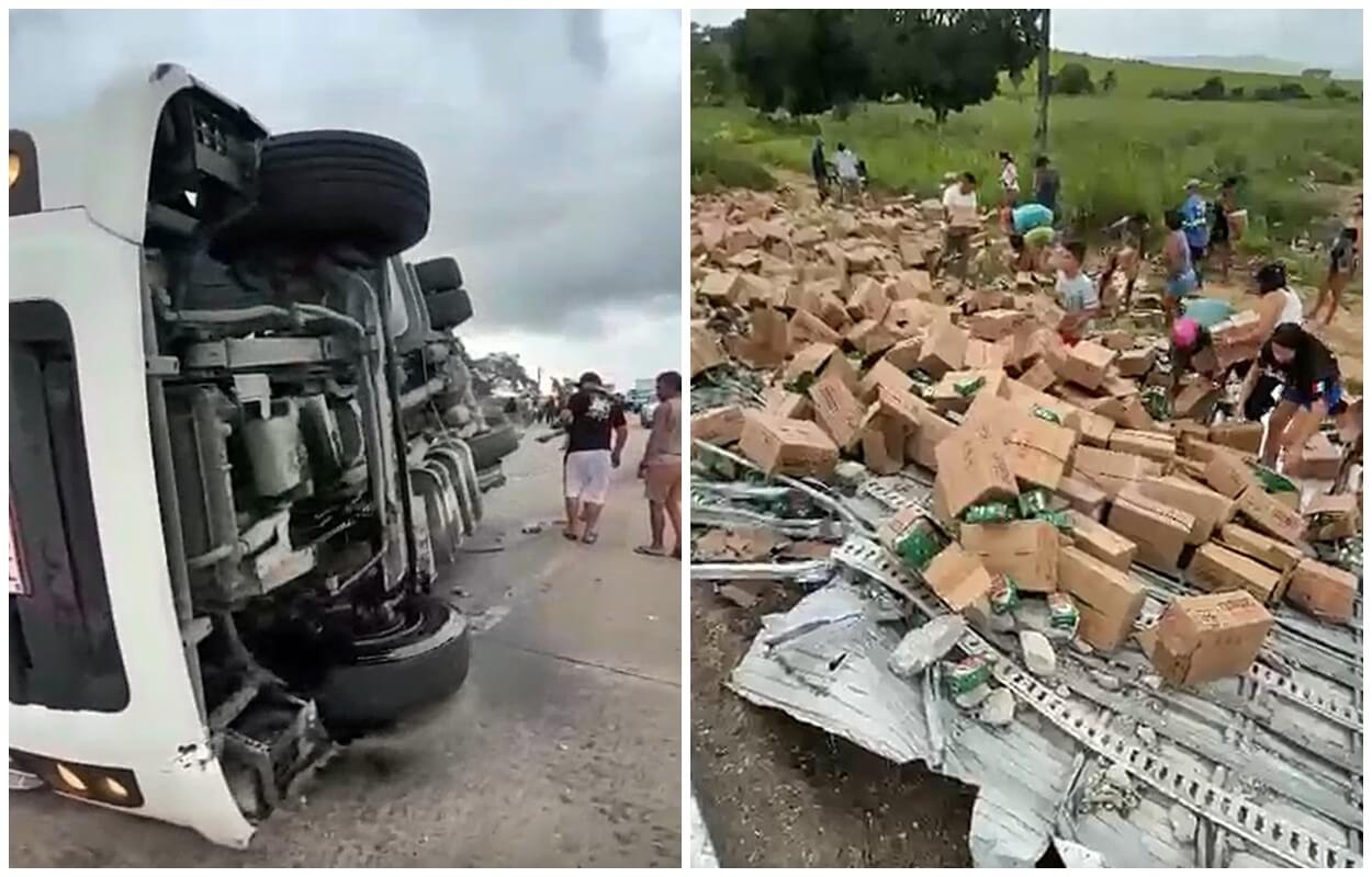 Carga de café é saqueada após carreta tomba na BR-101 em Alagoas, assista